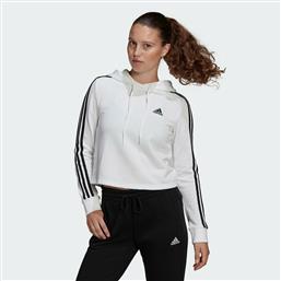 Adidas Essentials 3-Stripes Cropped Γυναικείο Φούτερ με Κουκούλα Λευκό