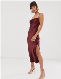 ASOS DESIGN cami midi slip dress in high shine satin with lace up back-Red από το Asos