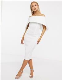 ASOS DESIGN fold front bardot midi pencil dress in ivory-White από το Asos