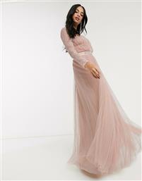 ASOS DESIGN lace sleeve plunge tulle maxi dress with embellished waist trim detail in dusty pink από το Asos