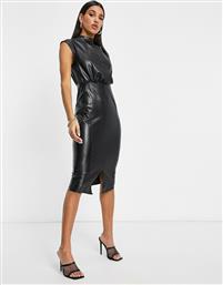 ASOS DESIGN leather look drape front midi dress in black από το Asos