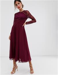 ASOS DESIGN long sleeve lace panelled pleat midi dress-Red από το Asos