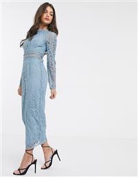ASOS DESIGN long sleeve pencil dress in lace with geo lace trims dusty blue από το Asos