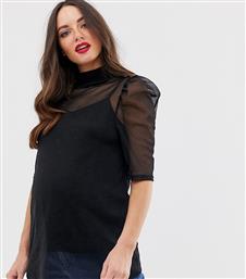 ASOS DESIGN Maternity high neck top in mesh with puff sleeve and cami-Black από το Asos