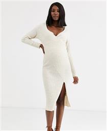 ASOS DESIGN Maternity knit rib midi dress with wrap detail-Neutral από το Asos