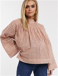 ASOS DESIGN Maternity long sleeve smock top with high neck in grid check broderie-No colour από το Asos