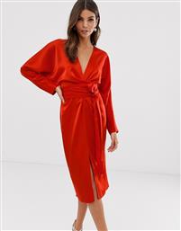 ASOS DESIGN midi dress with batwing sleeve and wrap waist in satin-Red από το Asos