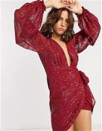 ASOS DESIGN mini dress in sequin with deep plunge and drape detail skirt-Red από το Asos