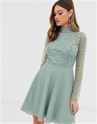 ASOS DESIGN mini dress with linear embellished bodice and wrap skirt-Green από το Asos