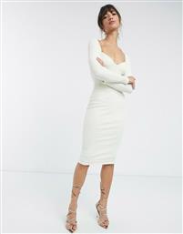 ASOS DESIGN off shoulder rib panelled long sleeve midi dress in white από το Asos