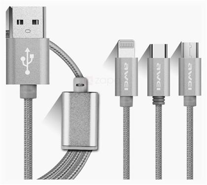 Awei CL-970 Braided USB to Type-C / Lightning / micro USB Cable Γκρι 1.2m
