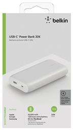 Belkin Boost Charge Power Bank 20000mAh 30W με Θύρα USB-A και Θύρα USB-C Power Delivery Λευκό