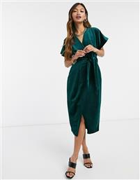 Closet London kimono sleeve velvet midi dress with wrap tie in emerald green από το Asos