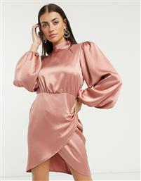 Flounce London high neck lantern sleeve drape mini dress in mink-Pink από το Asos