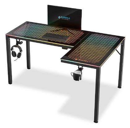 Γωνιακό Γραφείο Gaming ERK-GD-L60R-B-US Γυάλινο Μαύρο με LED & USB θύρες 152x101x76εκ.