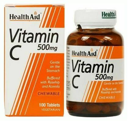 Health Aid Vitamin C Rosehip & Acerola 500mg 100tabs Βιταμίνη 500mg Πορτοκάλι 100 x 1 μασώμενες ταμπλέτες 100τμχ