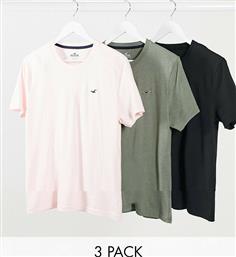 Hollister 3 pack crew neck t-shirt seagull logo slim fit in pink/olive/black exclusive-Multi από το Asos