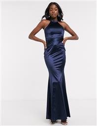 Lipsy x Abbey Clancy high neck slinky maxi dress with knot front in midnight navy από το Asos