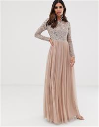Maya Bridesmaid long sleeve maxi tulle dress with tonal delicate sequins in taupe blush-Pink από το Asos
