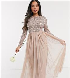 Maya Petite Bridesmaid long sleeve v back maxi tulle dress with tonal delicate sequin in taupe blush-Brown από το Asos