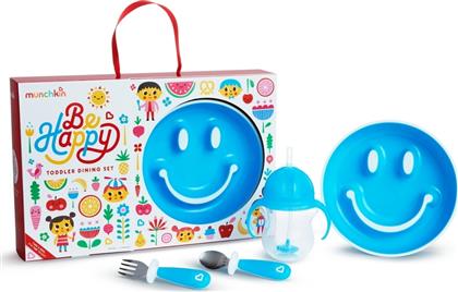 Munchkin Σετ Φαγητού ''Be Happy'' από Πλαστικό με Αντιολισθητική Βάση Γαλάζιο 4τμχ για 12+ μηνών από το Pharm24