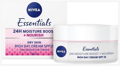 Nivea Essentials Moisture Boost + Nourish Rich 24ωρη Ενυδατική Κρέμα Προσώπου Ημέρας με SPF15 για Ξηρές Επιδερμίδες 50ml από το Pharm24