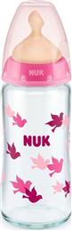 Nuk Γυάλινο Μπιμπερό First Choice Plus Temperature Control Κατά των Κολικών με Θηλή Καουτσούκ 240ml για 0-6 μηνών Pink Birds