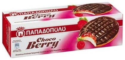 Παπαδοπούλου Μπισκότα Choco Berry με Επικάλυψη & Γέμιση Σοκολάτα & Φράουλα 150gr από το ΑΒ Βασιλόπουλος