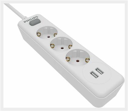 Philips Πολύπριζο 3 Θέσεων με Διακόπτη, 2 USB και Καλώδιο 1.5m Λευκό από το e-shop