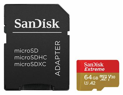 Sandisk Extreme microSDXC 64GB Class 10 U3 V30 A2 UHS-I με αντάπτορα SDSQXAH-064G-GN6AA