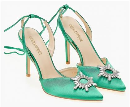 Σατέν γόβες open heel με διακοσμητική αγκράφα - Πράσινο