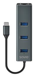 Savio AK-57 USB 3.1 Hub 3 Θυρών με σύνδεση USB-C / Ethernet Γκρι