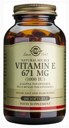 Solgar Vitamin E Βιταμίνη για Αντιοξειδωτικό 1000iu 671mg 100 μαλακές κάψουλες