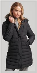 Superdry Fuji Μακρύ Γυναικείο Puffer Μπουφάν με Γούνινη Κουκούλα για Χειμώνα Μαύρο από το Spartoo