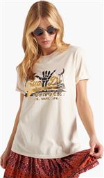 Superdry Γυναικείο T-shirt Μπεζ με Στάμπα