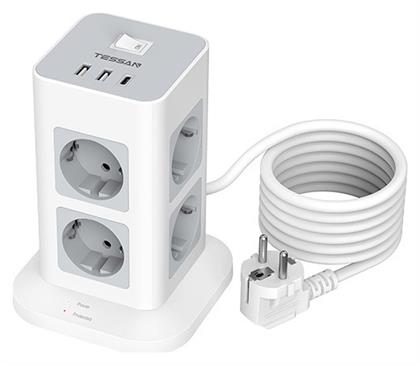 Tessan Πολύπριζο Ασφαλείας 8 Θέσεων με 2 USB-A, 1 USB-C και Καλώδιο 2m Γκρι