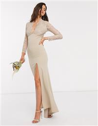 TFNC Bridesmaid long sleeve lace scalloped maxi with ruched back in sand-Neutral από το Asos