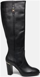Tommy Hilfiger Δερμάτινες Γυναικείες Μπότες με Ψηλό Τακούνι Μαύρες