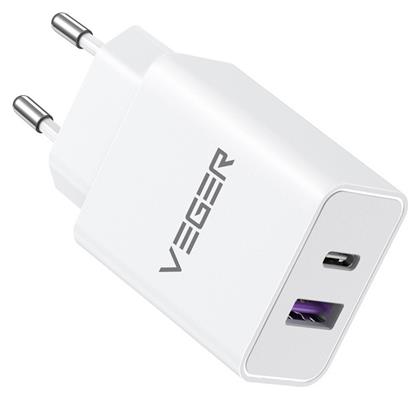 Veger Φορτιστής Χωρίς Καλώδιο με Θύρα USB-A και Θύρα USB-C 30W Power Delivery / Quick Charge 3.0 Λευκός (VLS302U)