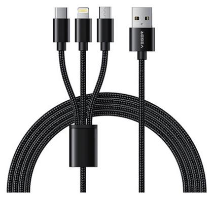 Veger V303 Braided USB to Lightning / Type-C / micro USB Cable 2.4A Μαύρο 1.5m