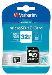 Verbatim Premium microSDHC 32GB Class 10 U1 UHS-I με αντάπτορα