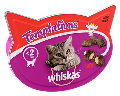 Whiskas Temptations Λιχουδιές Σνακ με Μοσχάρι για Ενήλικες Γάτες 60gr